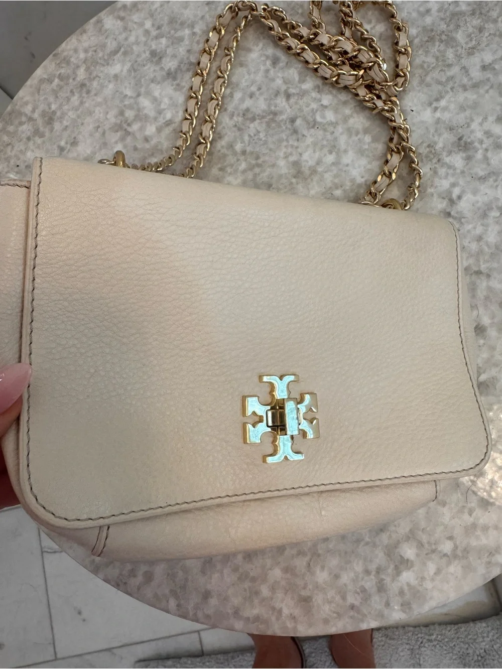 Tory Burch Light Cream Pebbled Leather Crossbody with Gold Logo Chain